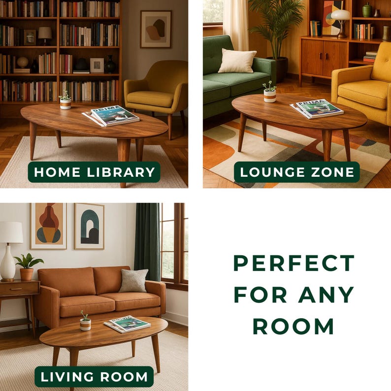 May include: A collage of interior design scenes featuring oval wooden coffee tables. The scenes are labeled "HOME LIBRARY", "LOUNGE ZONE", and "LIVING ROOM". The text "PERFECT FOR ANY ROOM" is also displayed.