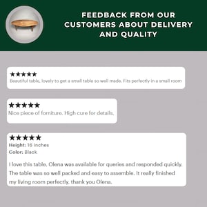May include: Image showcasing customer feedback about a small, black table. The table is 16 inches high. The feedback includes positive comments about the table's quality and ease of assembly. The image also features the text "FEEDBACK FROM OUR CUSTOMERS ABOUT DELIVERY AND QUALITY."