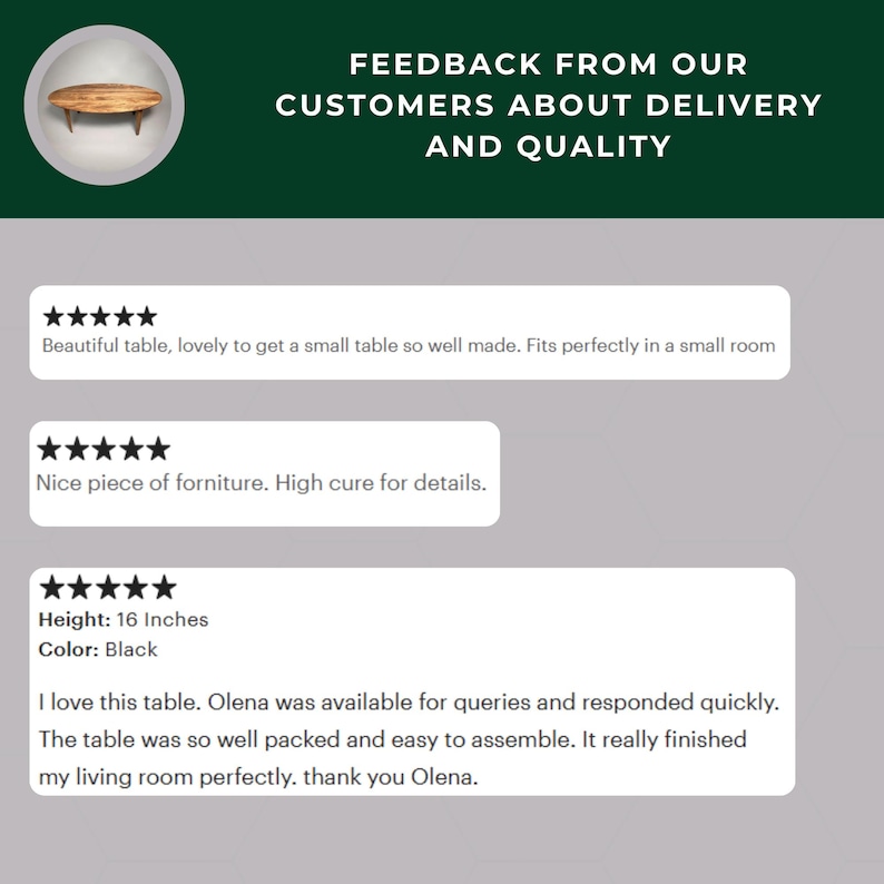 May include: Image showcasing customer feedback about a small, black table. The table is 16 inches high. The feedback includes positive comments about the table's quality and ease of assembly. The image also features the text "FEEDBACK FROM OUR CUSTOMERS ABOUT DELIVERY AND QUALITY."