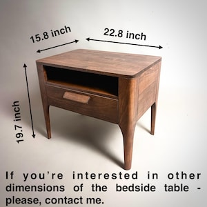 May include: A dark brown wooden bedside table with one drawer and an open shelf. The table measures 40.1 cm deep, 57.9 cm wide, and 50.0 cm high. Text on the image reads: If you're interested in other dimensions of the bedside table - please, contact me.