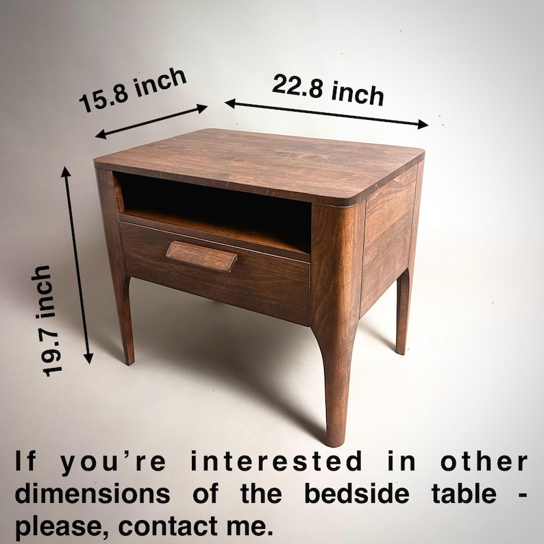 May include: A dark brown wooden bedside table with one drawer and an open shelf. The table measures 40.1 cm deep, 57.9 cm wide, and 50.0 cm high. Text on the image reads: If you're interested in other dimensions of the bedside table - please, contact me.