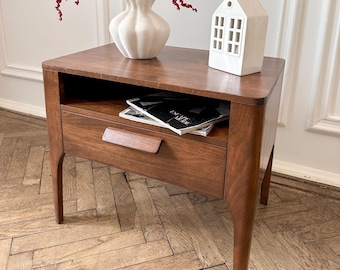 Bedside Tables Walnut Wood Nightstand with Drawer Mid Century Bedroom Furniture Minimalist Decor Housewarming Gift Modern Night Table
