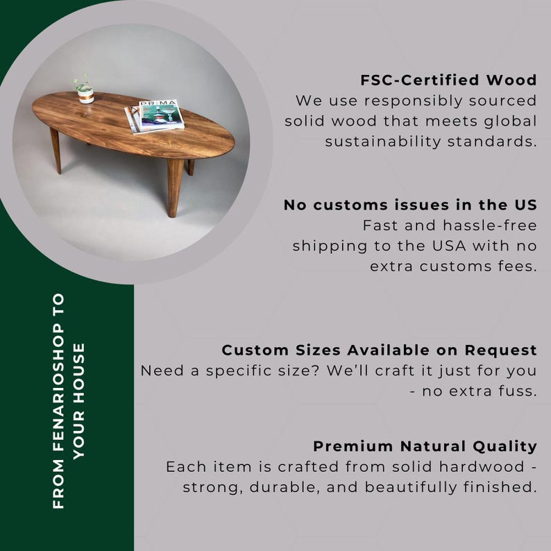 May include: Oval-shaped wooden coffee table with a natural finish. The table has four tapered legs and a magazine on top. The image also includes text that says "FSC-Certified Wood" and "Premium Natural Quality".