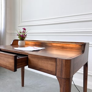 Solid Wood Walnut Desk, Mid Century Modern Writing Desk with Drawer and LED Light, Luxury Home Office Furniture