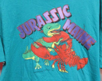 Vintage 90s "Jurassic Maine" T-Rex Battling Lobster XL Tee Shirt 1990s Retro Made in USA