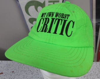 Vintage "My Own Worst Critic" Neon Green Running Hat Strapback 1990's Funny Cap