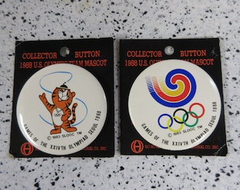 1988 Seoul Olympics Buttons, Tiger & Rings, Pair on Tags