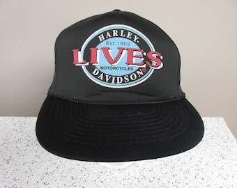 Vintage 1990's Harley Davidson Lives Snapback Retro Hat Cap Foam Trucker Black
