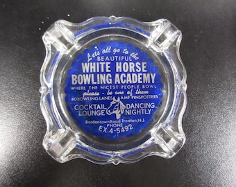Vintage 1950's 1960's Glass Ashtray "White Horse Bowling Academy" Retro Bar Smoking Cigar Decor