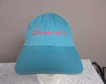 Vintage BERMUDA Strapback Dad Hat Blue & Pink Super 1990s Color Boating Beach Cap