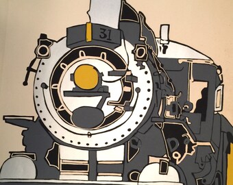 Vintage Train original metallic screenprint by Gail Holliday, 1972