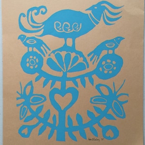 Small Vintage Folk Art Screenprint by Gail Holliday - Blue/Tan