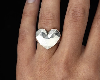 HEART SIGNET RING- Solid Sterling Silver 925 Geometric Statement Heart Shaped Ring - Women's Dainty Love Ring- Best Gift For Her- VvILK
