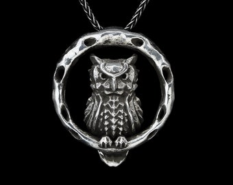 OWL PENDANT- Sterling Silver Animal Statement Necklace- Unisex Owl Lover Gift- Great Horned Owl Charm- Night Owl Animal Totem Jewelry