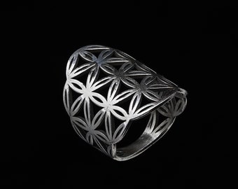 Sterling Silver Flower of Life Ring- Sacred Geometry Seed of Life Mandala Meditation Ring for Men or Women- Statement Ring- VvILK