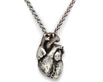 May include: A silver-colored pendant necklace featuring a detailed anatomical heart charm. The heart pendant is suspended from a textured, silver-toned chain. The necklace is displayed against a white background.