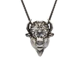 BISON PENDANT- Sterling Silver Geometric Bison Necklace- VvILK