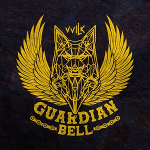 May include: A yellow geometric wolf with wings and the text "VVILK GUARDIAN BELL" with a chain link design below.