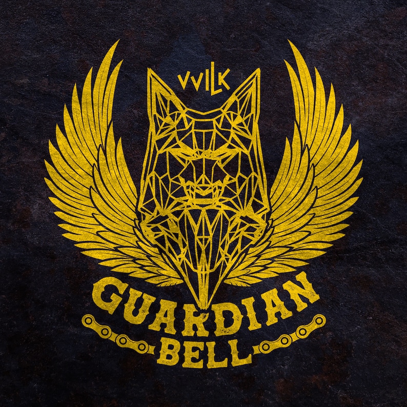 May include: A yellow geometric wolf with wings and the text "VVILK GUARDIAN BELL" with a chain link design below.