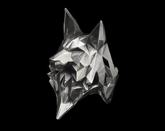 Geometric Wolf Head Ring – Sterling Silver Animal Totem
