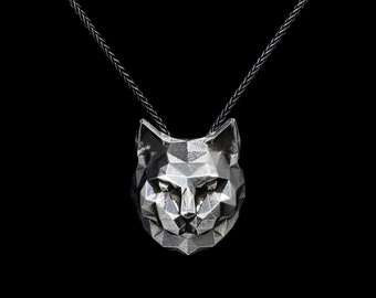 CAT PENDANT- Sterling Silver Geometric Cat Head Necklace - VvILK