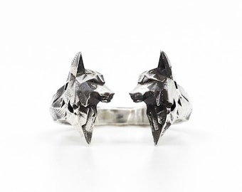 ADJUSTABLE WOLF RING- Sterling Silver Statement Wolf Ring- Open Ring- Low Poly Geometric Wolf Head Ring- Animal Ring- VvILK