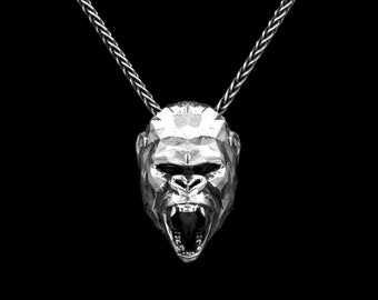 ROARING GORILLA PENDANT, Sterling Silver Low Poly Geometric Gorilla Head Necklace, Men's Jewelry, Gift for him, King Kong Animal Totem