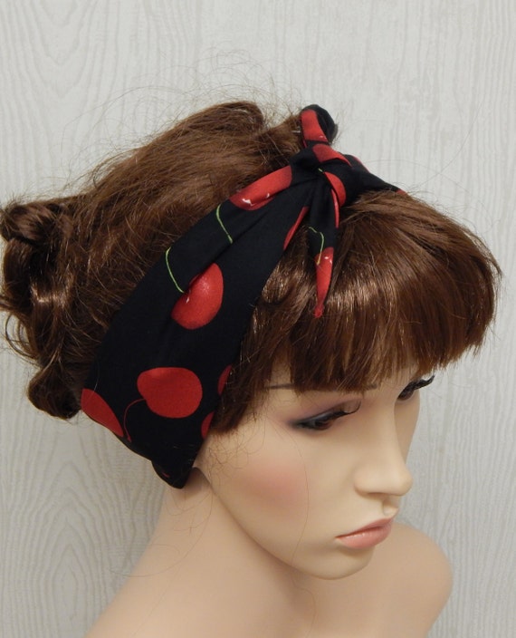 Pin Up Women S Self Tie Headband Large Cherries Black Etsy