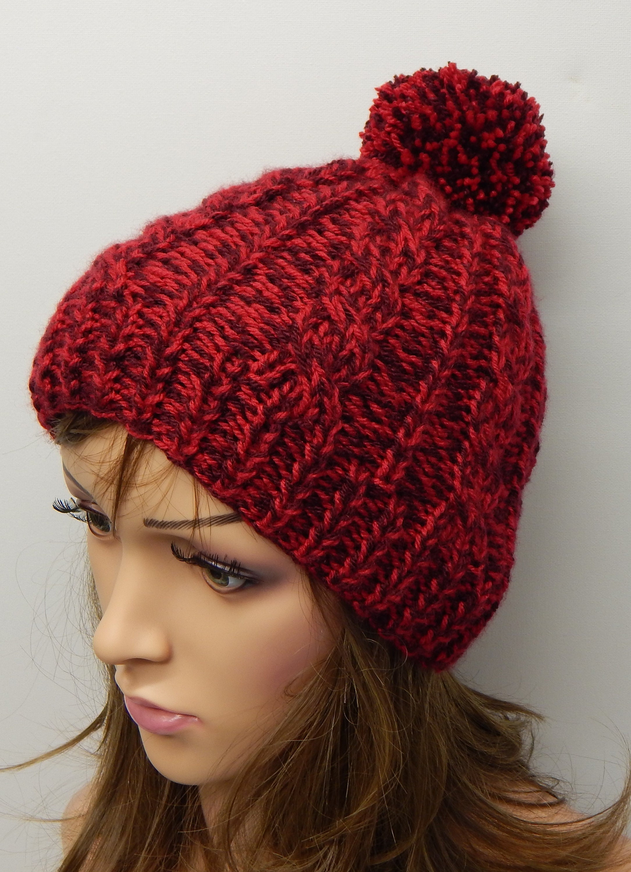Handknitted women red hat pom pom beane warm winter hat Etsy