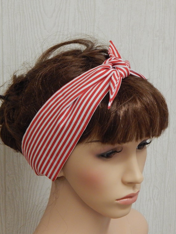 Rockabilly Hair Scarf Headband Red And White Striped Pinup Etsy