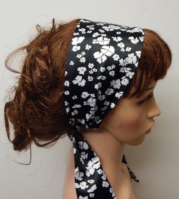 Black And White Satin Headscarf Tie Back Hair Scarf Boho Etsy