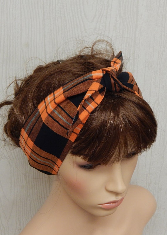 Black And Orange Tartan Headband Self Tie Hair Scarf Tie Up Etsy