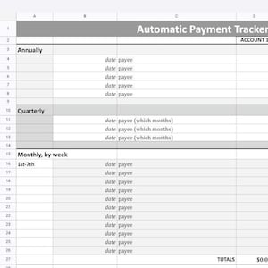 Puede incluir: Una plantilla de hoja de cálculo para realizar un seguimiento de los pagos automáticos. La hoja de cálculo está dividida en secciones para pagos anuales, trimestrales y mensuales. Cada sección tiene columnas para la fecha, el beneficiario y el importe del pago para cuatro cuentas diferentes.