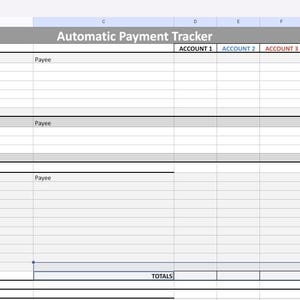 Puede incluir: Una hoja de cálculo con un encabezado gris que dice "Automatic Payment Tracker". La hoja de cálculo está dividida en cuatro columnas etiquetadas como "Cuenta 1", "Cuenta 2", "Cuenta 3" y "Cuenta 4". La hoja de cálculo está además dividida en tres secciones etiquetadas como "Anualmente", "Trimestralmente" y "Mensualmente, por semana". Cada sección tiene columnas para "Fecha" y "Pagador". La fila inferior de la hoja de cálculo está etiquetada como "TOTALES".