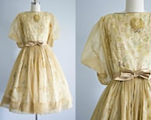 1950s dress . floral print cotton and chiffon vintage 50s style sheer pin up dress . full circle rockabilly skirt . Spring Garden xsmall
