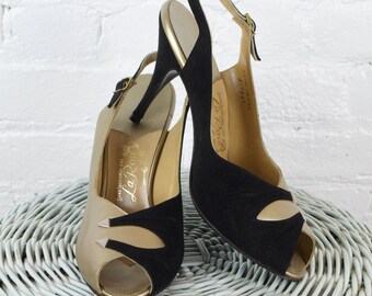 1950er Jahre Schuhe. ungetragene La Rose schwarz und Gold Leder Peep Toe Sling Back High Heel Pumps. nr. Größe: