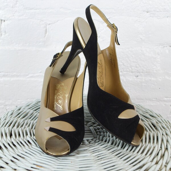 1950s shoes . unworn La Rose black and gold leather peep toe sling back high heel pumps . NOS . 8 1/2 M