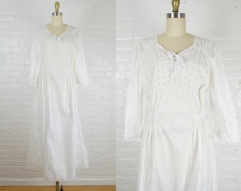 1970s cottagecore prairie white eyelet lace caftan dress . medium to large