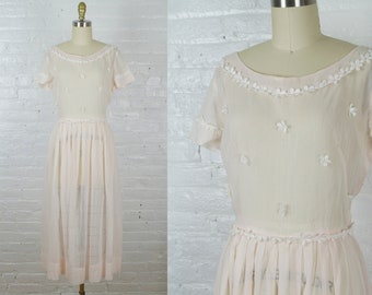 Field of Daisies 1950s sheer pink blush cotton dress with floral 3d apliques .