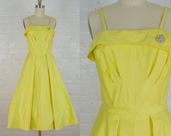 1950s canary yellow polished cotton sundress . 50s rockabilly  dress . x small