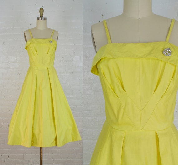 1950s canary yellow polished cotton sundress . 50… - image 1