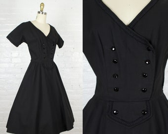 1950s cotton day dress . vintage 1950s black dress by Kenneth Tishler