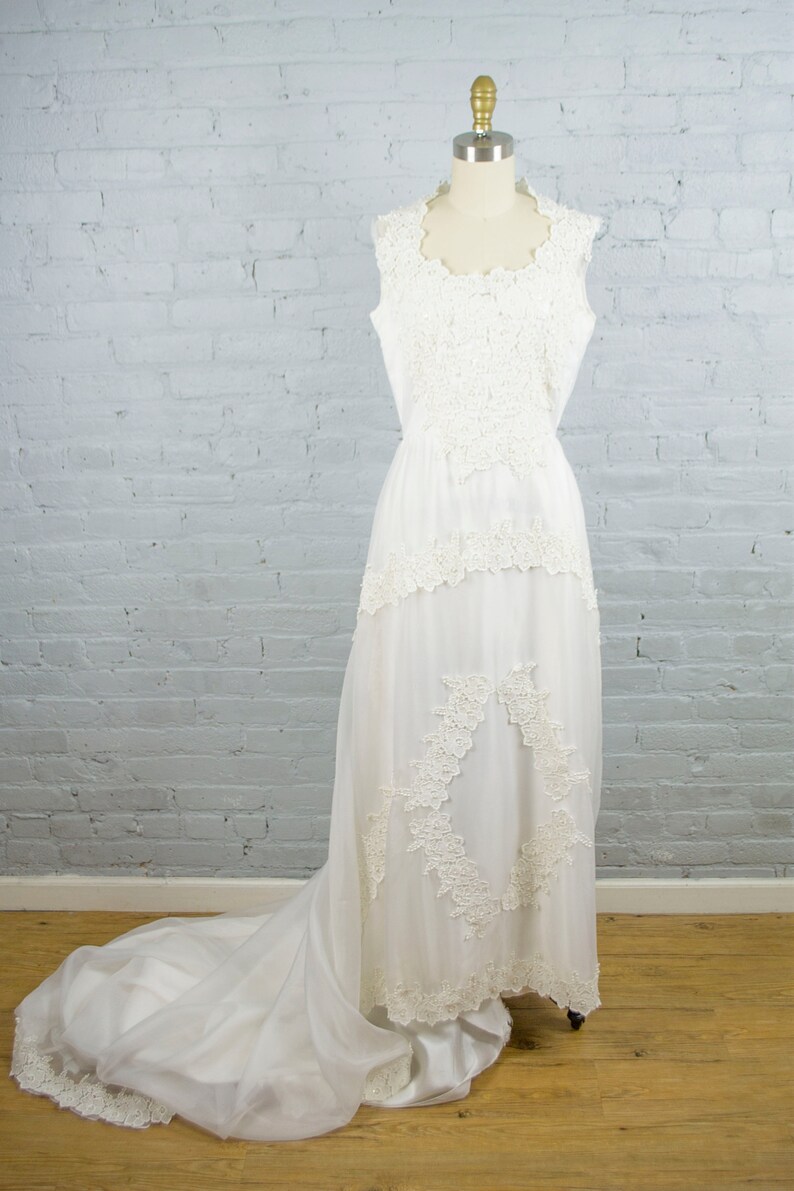 1980s vintage sleeveless chiffon wedding dress with floral lace applique and long train medium to large