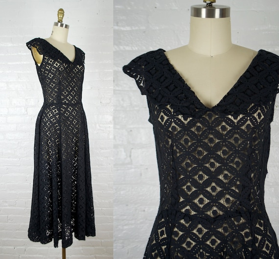 1940s cut out lace dress. vintage 40s see through