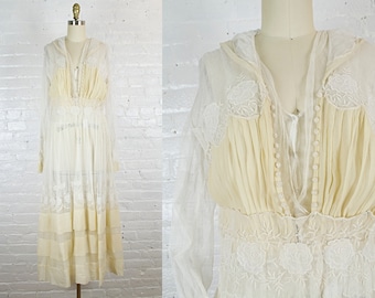 Abbey 1910 ecru silk embroidered wedding gown . vintage Edwardian dress . small