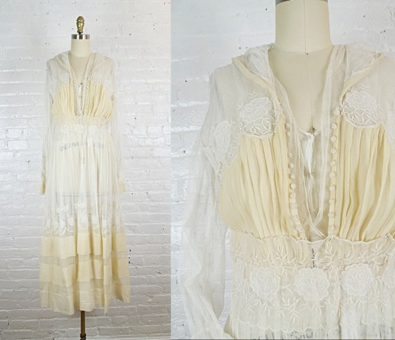Abbey 1910 ecru silk embroidered wedding gown . vintage Edwardian dress . small