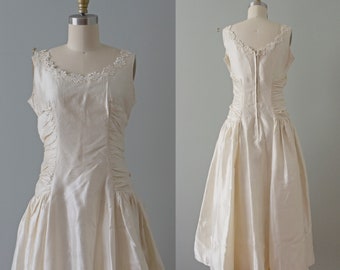 Filipa 1950s ivory shantung tea length gown . vintage 50s sleeveless retro wedding dress . small