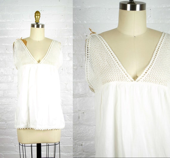 Victorian white cotton and crochet lace top . Edwa