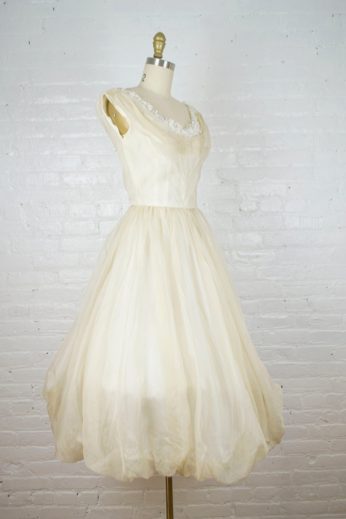 Emma Domb 1950s tea length silk chiffon ecru wedding dress . | Etsy