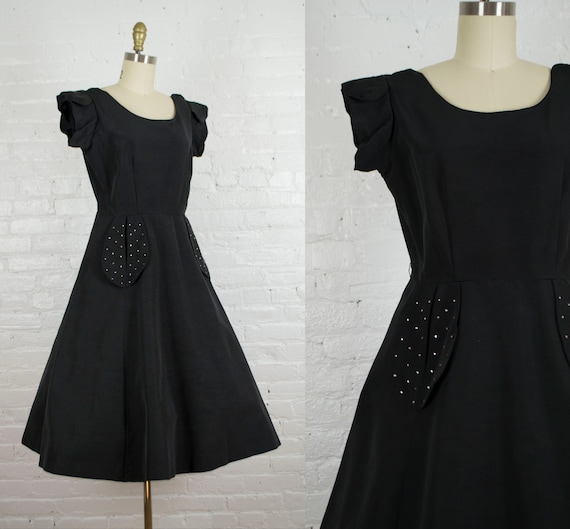 1950s dress . vintage 50s black faille party cock… - image 1